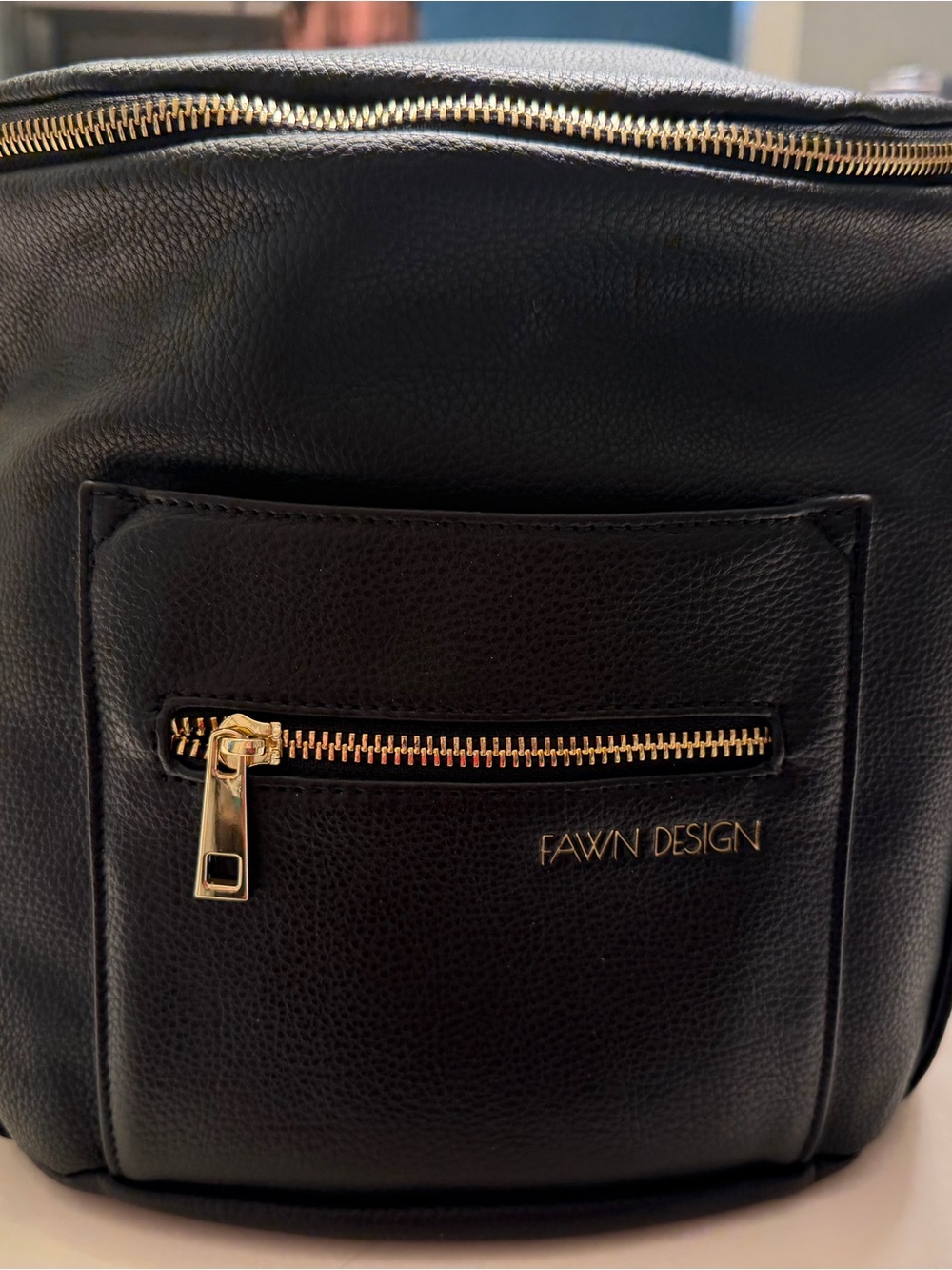 FAWN DESIGN Black Pebbled Leather Backpack with Gold Hardware